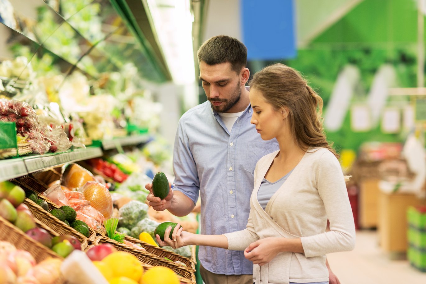 Two people at the grocery store 
