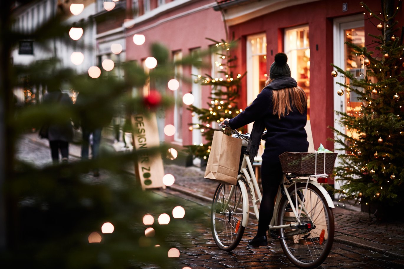 Biking on a christmas filled street